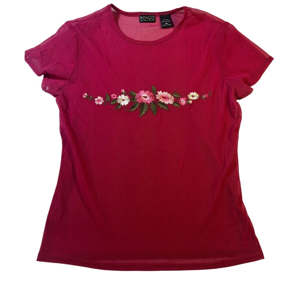 NY&CO Floral Embroidered Mesh Top Pink Sheer‎ Blouse Y2K Womens Medium